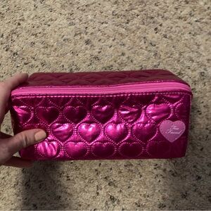 NIB Too Faced hot pink metallic makeup cosmetics bag quilted heart zip open new